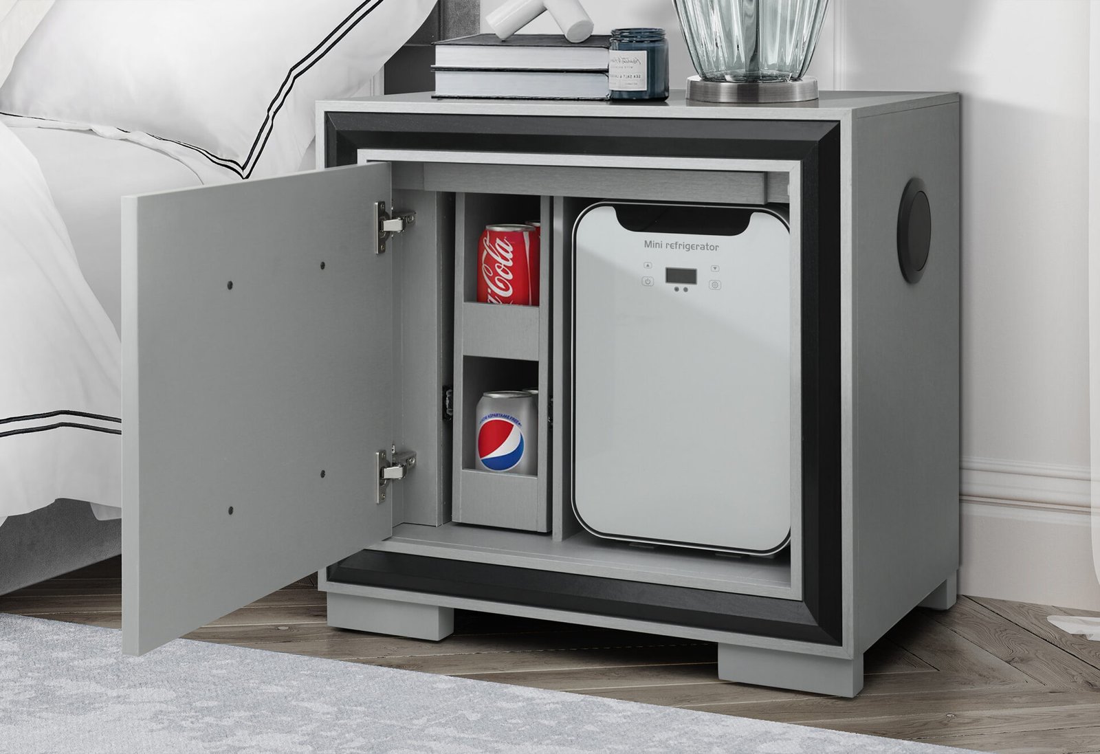 Amelia-Grey-Black-RSC-with-NS-w-Fridge-1.jpg AMELIA GREY/BLACK NIGHTSTAND WITH COOLER AND SPEAKER