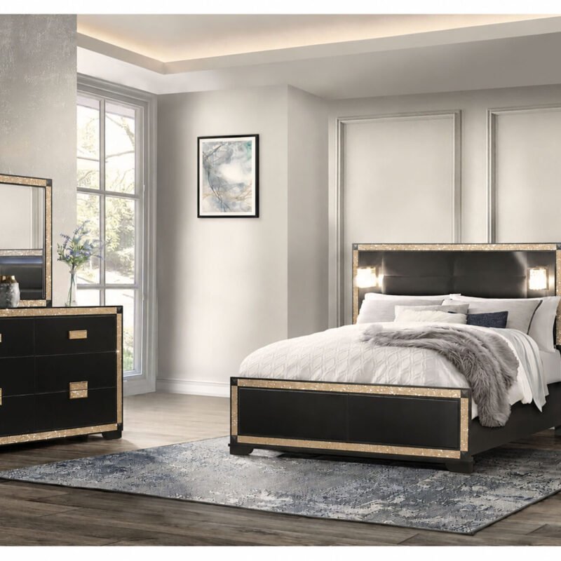 BLAKE BLACK/GOLD QUEEN BED WITH LAMPS, DRESSER, MIRROR, NIGHTSTAND