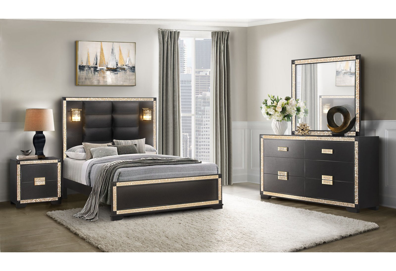 Blake-Queen-4PCS-RSC-2.jpg BLAKE BLACK/GOLD KING BED WITH LAMPS, DRESSER, MIRROR, NIGHTSTAND - Image 2