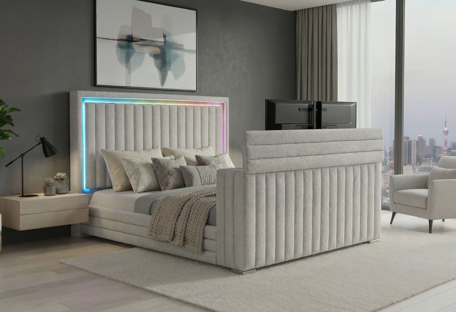 Elias-Grey-Tv-Footboard-Open-1.jpg ELIAS GREY KING BED WITH IMMERSIVE SOUND SPEAKER, LED, TV LIFT & FP