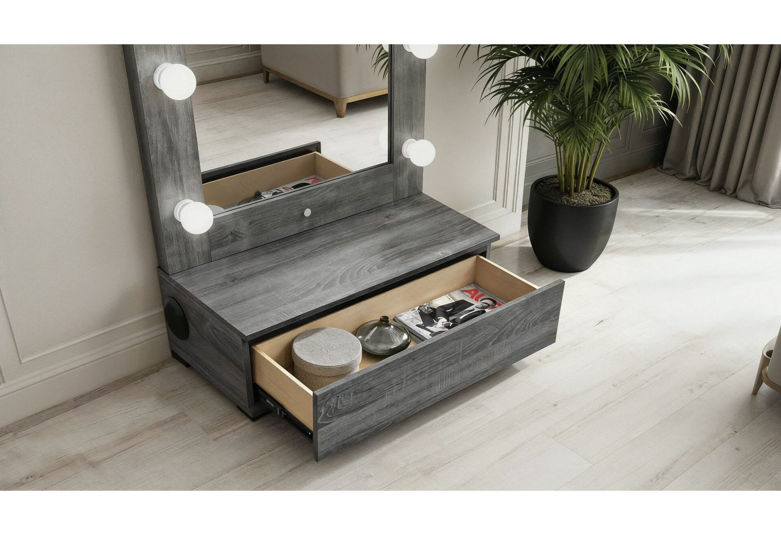 Lexi-Grey-Tall-Detail.jpg LEXI GREY TALL MIRROR WITH DRAWER AND SPEAKERS - Image 2