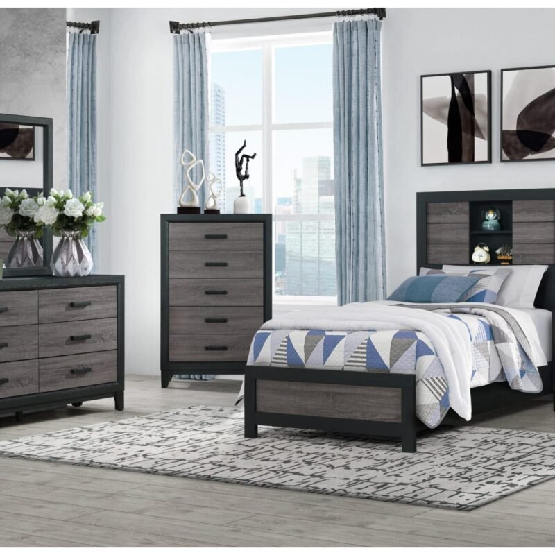 LISBON GREY/BLACK BOOKCASE TWIN BED, DRESSER, MIRROR AND NIGHTSTAND