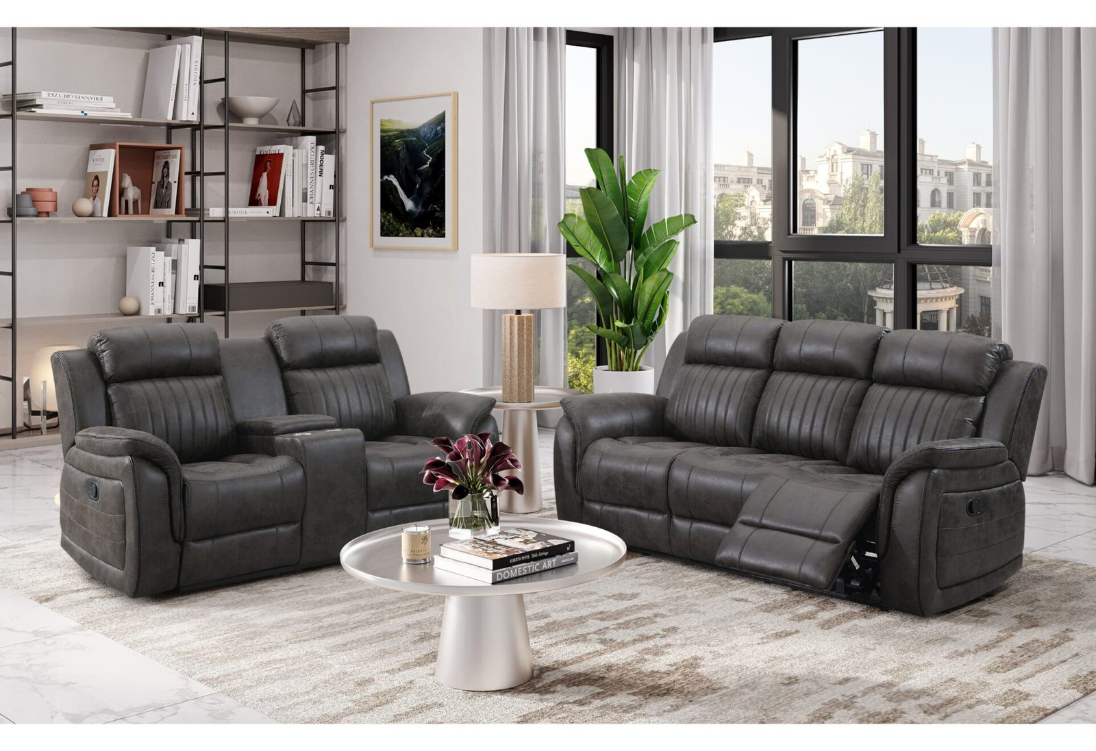 U8517-2-PC-RSC-NEW-1.jpg U8517 GREY RECLINING SOFA/CONSOLE RECLINING LOVESEAT